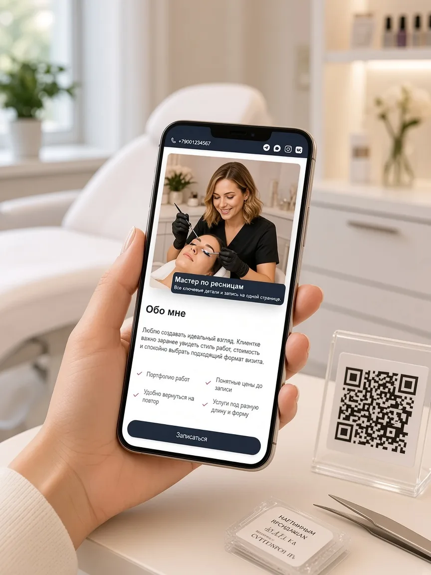 Ссылка и QR мастера ресниц
